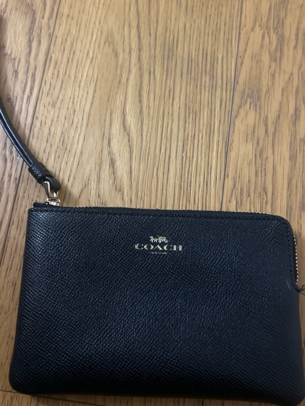 Coach Black Leather Wristlet with Gold Logo Accent